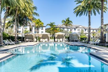 Resort style pool w/ cabanas, pavilion, and fireplace